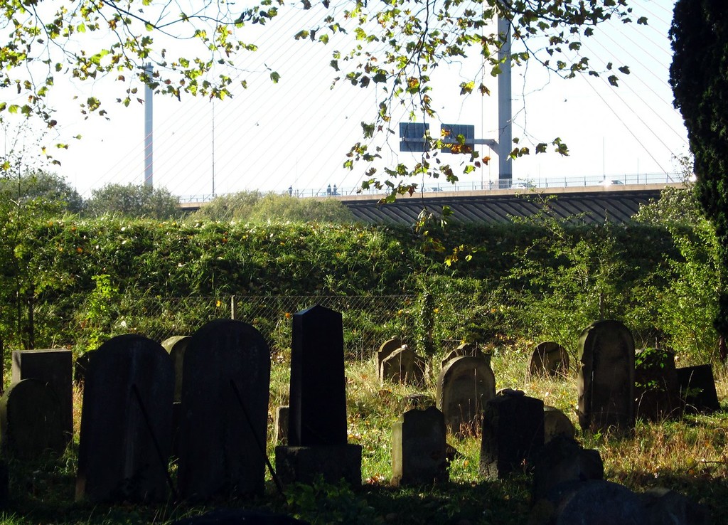 Jüdischer Friedhof Schwarzrheindorf, im Hintergrund die Friedrich-Ebert-Brücke (2011)