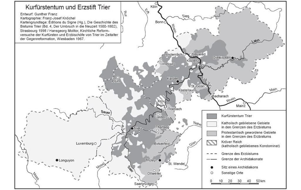 Thematische Karte "Kurfürstentum und Erzstift Trier" im Zeitalter der Reformation.