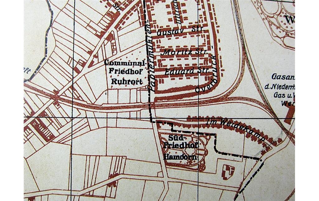 Der Alte Jüdische Friedhof an der Möhlenkampstraße im Ausschnitt der Karte "Hamborn am Rhein 1927" (Verlag L. Schwann, Düsseldorf, hier aus dem Rheinischen Städteatlas).