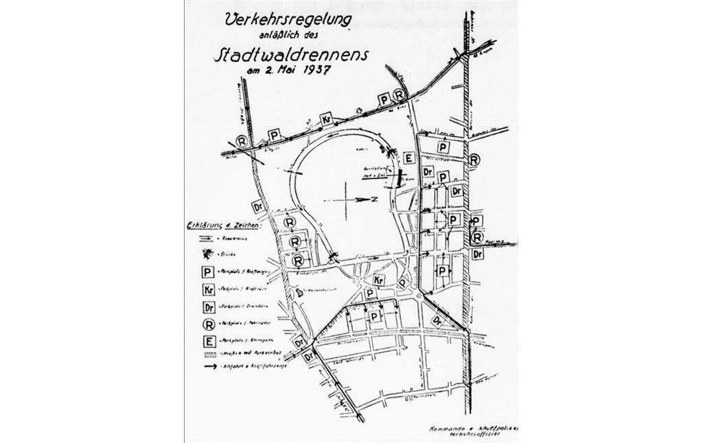 Zeitgenössischer Plan für die Schutzpolizei zur "Verkehrsregelung anläßlich des Stadtwaldrennens am 2. Mai 1937" auf der Motorsport-Rennstrecke im Köln-Lindenthaler Stadtwald. Aus: "Der Neue Tag" vom 30. April 1937.