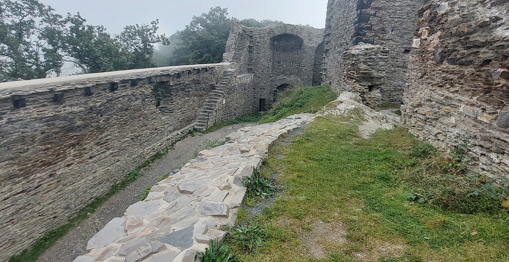 Blick auf die Nordmauer der Burgruine Wernerseck bei Ochtendung (2021).