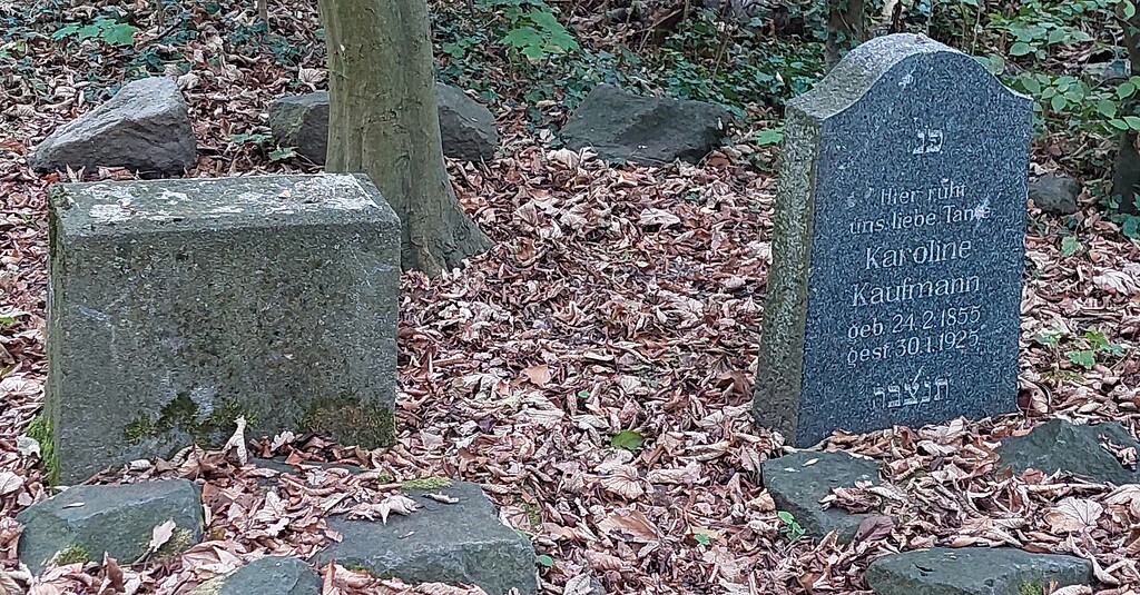 Grabsteine auf dem Jüdischen Friedhof am Rosenhügel in Köln-Zündorf (2022): links ein nur noch als Sockel erhaltener Grabstein, rechts die Grabstätte der Karoline Kaufmann (1855-1925).
