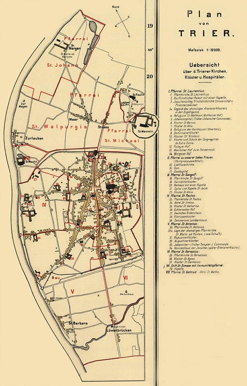 Bearbeiteter Ausschnitt "Plan von Trier" aus der Karte "Kirchliche Organisation und Verteilung der Confessionen im Bereich der heutigen Rheinprovinz um das Jahr 1610" (1903).
