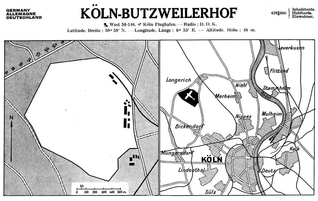 Lageplan und Kurzbeschreibung des Flugplatzes Köln-Butzweilerhof im Internationalen Flughandbuch von 1931, "International Air Guide: The reference book on civil and commercial aviation (Air atlas)"