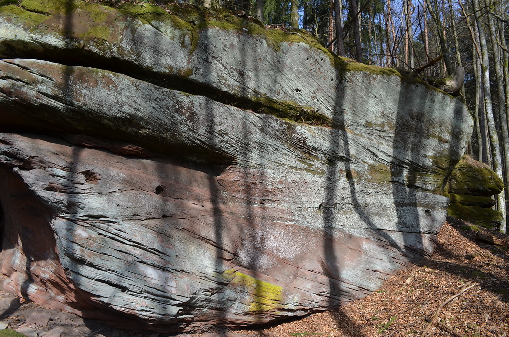 Sockel mit eingemeißelten Löchern in der Wand einer ehemaligen mutmaßlichen Wüstung im Pfälzerwald bei Lemberg. Der Fels liegt auf dem Hügel hinter der Pfälzerwaldvereins-Hütte und Ritterstein Nr. 36 "Klosterbrunnen"  (2018).