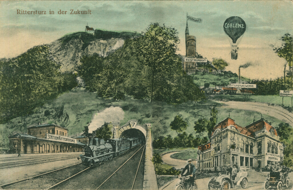 Historische humoristische Postkarte zum Aussichtspunkt Rittersturz bei Koblenz (um 1900)