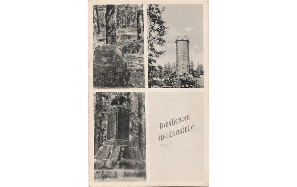 Historische Ansichtskarte Forsthaus Heldenstein mit Schänzelturm, Pfau-Denkmal und Pfau-Stein bei Edenkoben (ca. 1921).