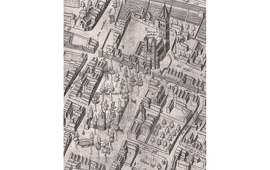 Ausschnitt des Kölner Stadtplans von 1570/71 von Arnold Mercator (1537-1587) im Bereich des Apostelnklosters und des Neumarkts.