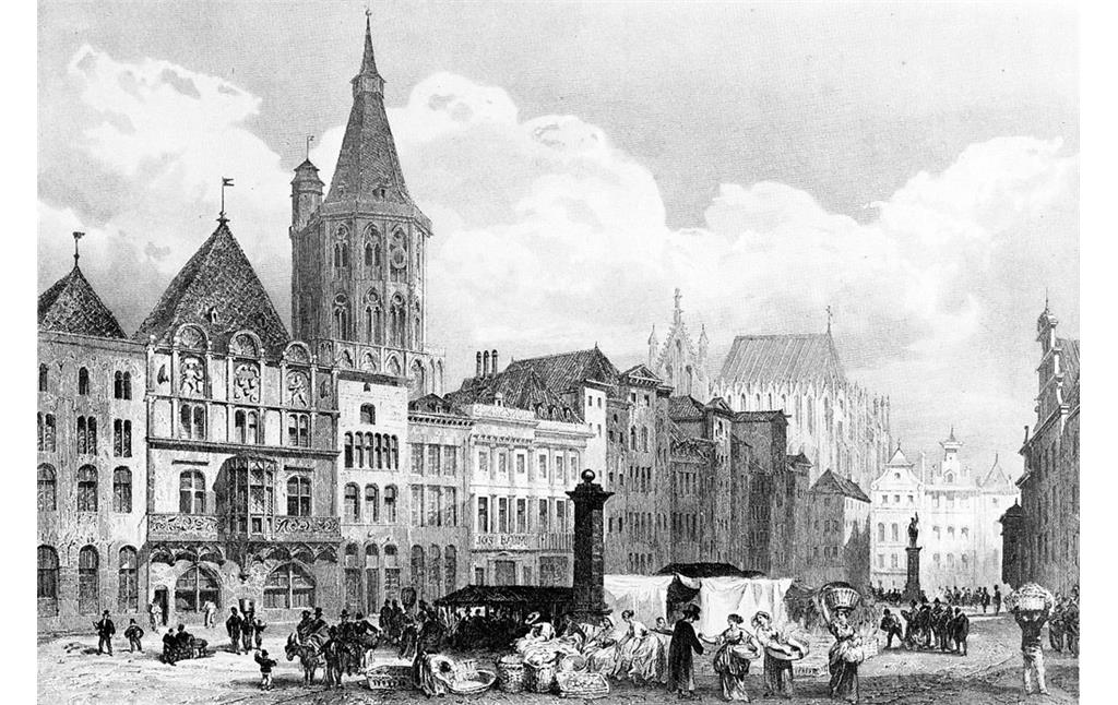 Alter Markt mit Rathaus und Rathausturm in Köln, im Hintergrund der noch unvollendete Dom (Stahlstich von Adolphe Rouargue, um 1850).