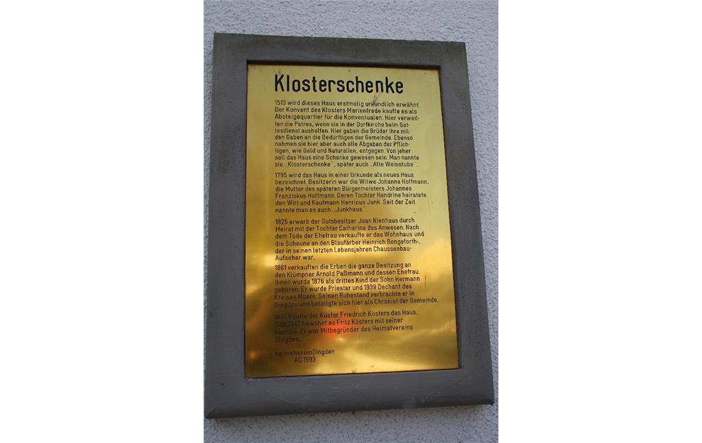 Hinweisschild des Heimatvereins an der ehemaligen Klosterschenke in Hamminkeln-Dingden (2014)