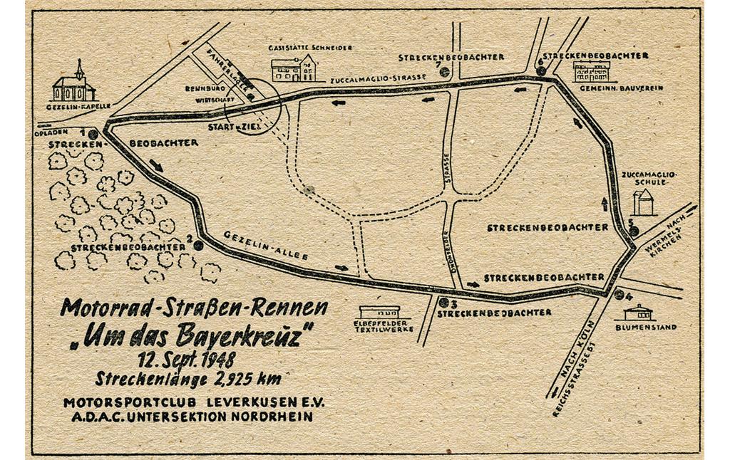Plan der 2.925 Meter langen Strecke des Motorrad-Rennens "Um das Bayerkreuz" bei Schlebusch / Alkenrath (aus einem Heft zum Rennen am 12. September 1948).