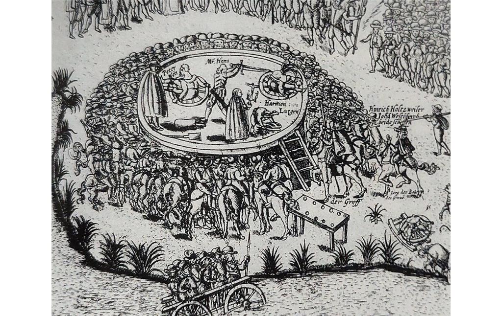 Darstellung der Hinrichtung der Entführer des Bäckers Philipp Ecks in Köln. Die beiden Täter wurden am 28. Oktober 1588 an der Richtstätte Rabenstein bei Melaten zunächst gerädert und dann enthauptet ("uff rader gesatzst, die köp abgehauen").