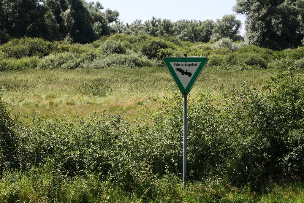 Schild mit Adler, als Kennzeichnung eines Naturschutzgebietes. Dahinter ist der Auenwald im Naturschutzgebiet "Weseler Aue" zu sehen (2012).