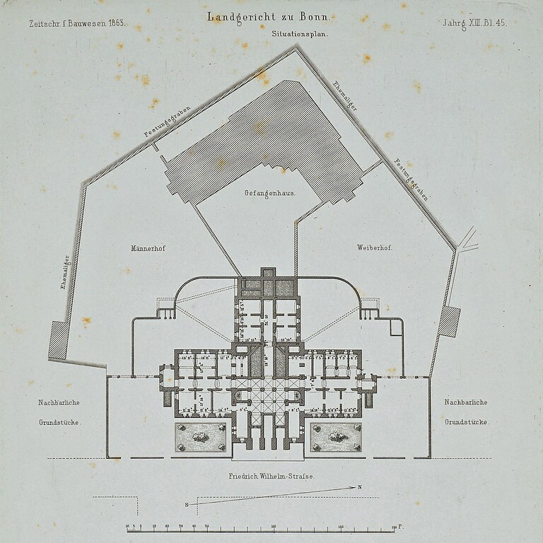 "Landgericht zu Bonn, Situationsplan", erstellt von "Ernst & Korn, Berlin" (aus: Zeitschrift für Bauwesen, 1863).