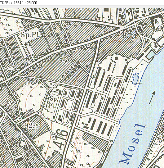 Ausschnitt aus der Topographischen Karte 1:25.000 aus dem Jahr 1974 im Bereich des heutigen Campus Koblenz der Universität.