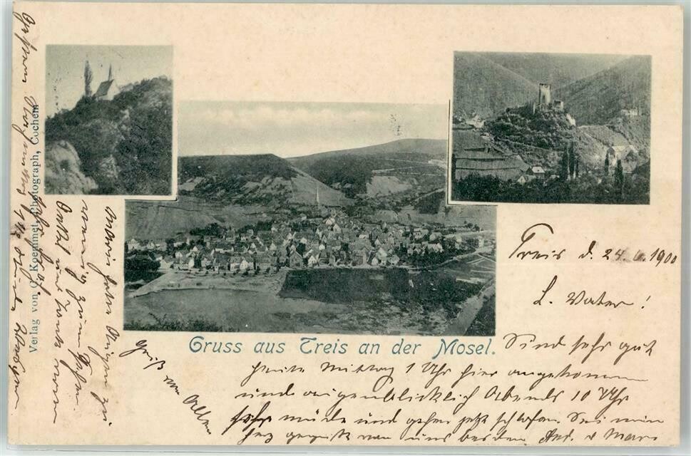 Historische Postkarte aus Treis mit Fotos der Zilleskapelle, der Ortslage und der Wildburg (gelaufen am 24.06.1900)