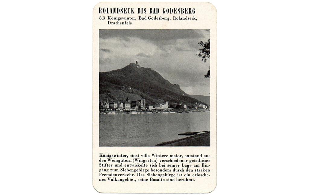 Spielkarte "Königswinter" mit einer Ansicht des Orts und des dahinter liegenden Drachenfels (aus dem Quartettspiel "Der Rhein", Ravensburger Spiele Nr. 305, Otto Maier Verlag 1952).