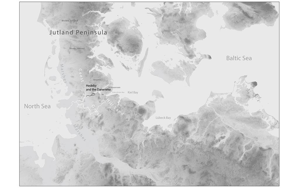 Übersichtskarte der archäologischen Grenzlandschaft von Haithabu und Danewerk in der Schleswiger Landenge zwischen Nord- und Ostsee