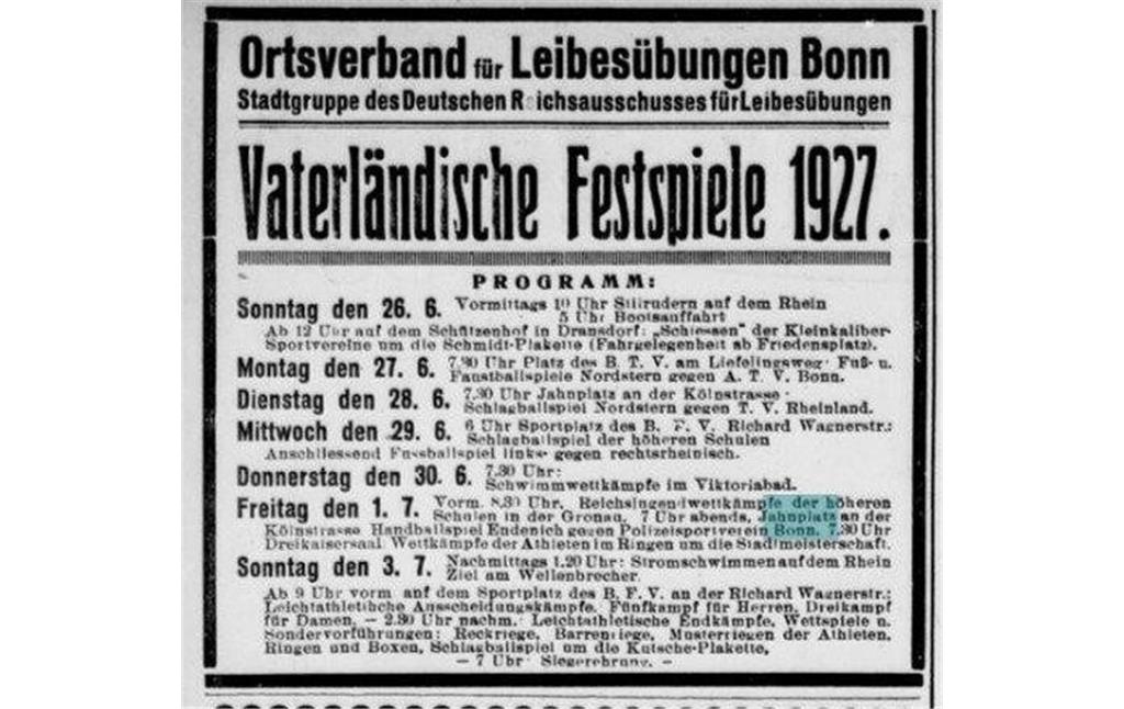 Hinweis auf das Programm der "Vaterländischen Festspiele 1927" in Bonn, die vom 26. Juni bis 3. Juli 1927 in verschiedenen Bonner Sportstätten ausgerichtet wurden (General-Anzeiger vom 25. Juni 1927).