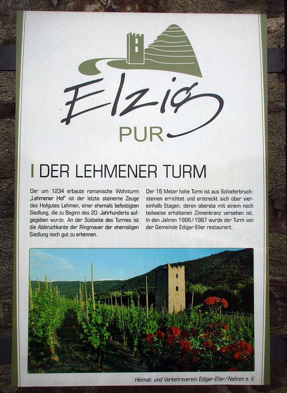 Informationstafel zur Siedlung "Lehmer Hof" und zum zugehörigen Wohn- und Wehrturm bei Ediger-Eller (2019).