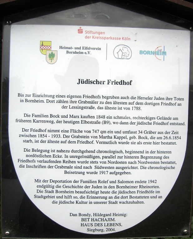 Hinweisschild am Judenfriedhof in der Elbestraße in Bornheim-Hersel (2013)