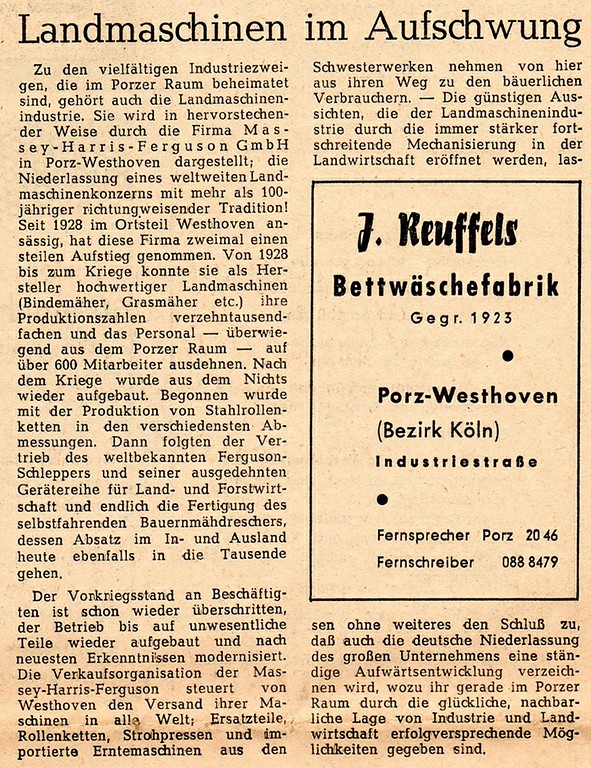Artikel "Landmaschinen im Aufschwung" über die Landmaschinenfabrik Massey-Harris-Ferguson in Köln-Westhoven (1957).