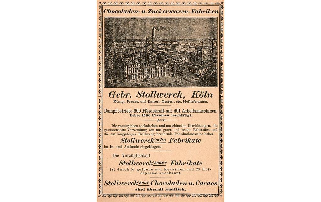 Werbeanzeige des Kölner Schokoladenherstellers Gebr. Stollwerck (aus: "Gartenlaube - Kalender 1893", Verlag Ernst Keil's Nachfolger, Leipzig).