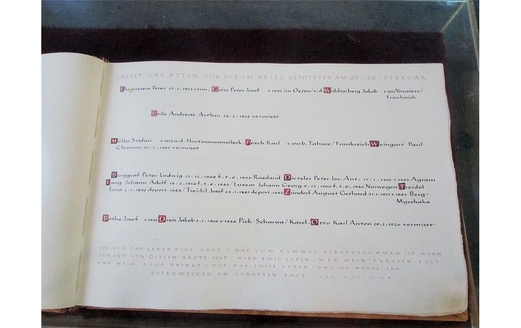 Eine Seite in dem Buch zum Gedenken an die Kriegsopfer in der Mayener Heilig-Geist-Kapelle (2015).