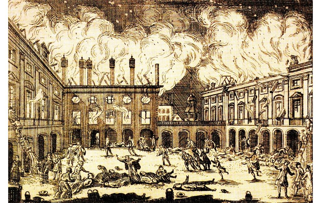 Blick in den Innenhof des kurfürstlichen Schlosses in Bonn während des Brandes von 1777
