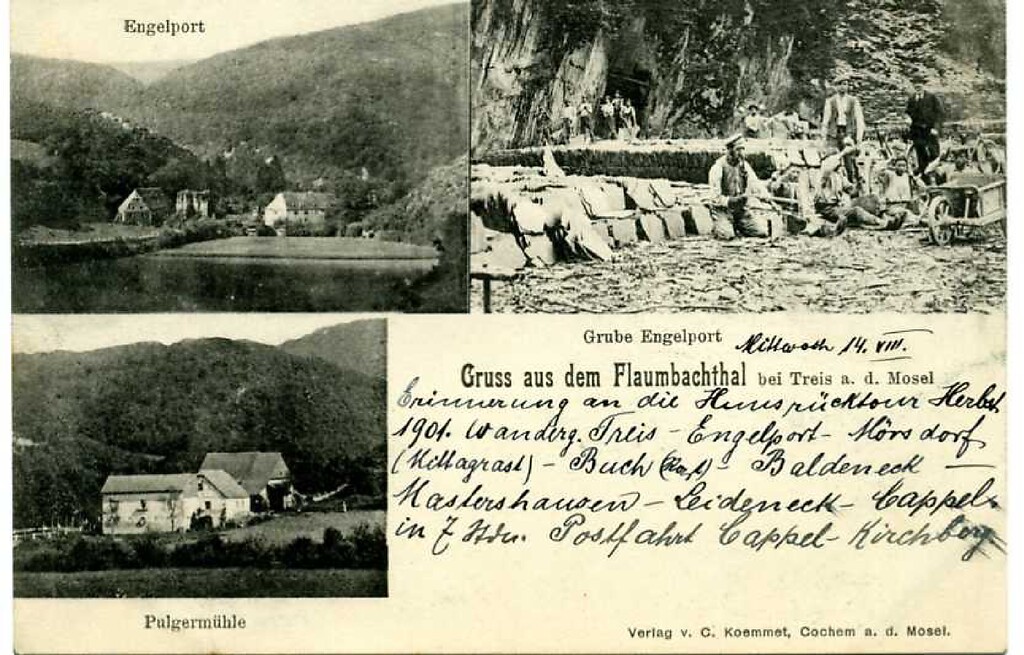 Postkarte mit den Ruinen auf dem Gelände des Klosters Maria Engelport, der Pulgermühle und der Grube Engelport bei Treis-Karden (gelaufen 1900)