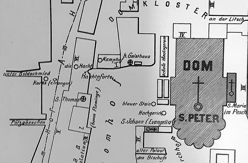 Ausschnitt der Karte des Pfarrbezirks "XIV Hacht" mit dem Dom und einem Teil des Domhofs südlich der Kathedrale (aus: Hermann Keussen, Topographie der Stadt Köln im Mittelalter, 1910, Bd. 2).