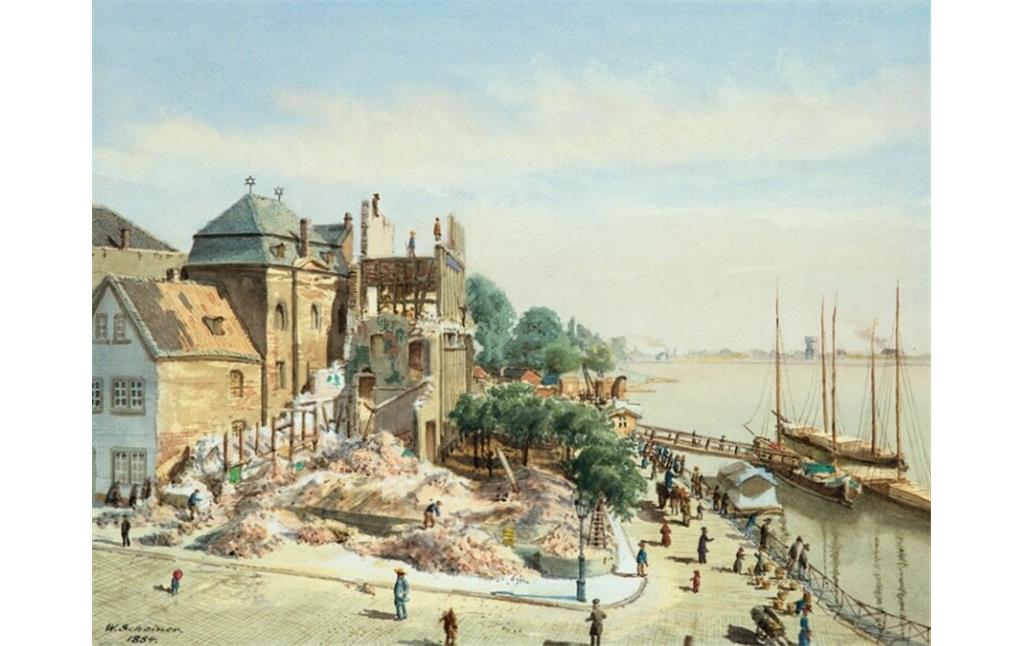Die zweite, von 1786 bis 1914 genutzte Deutzer Synagoge am Rheinufer während des Abrisses des Hotels "Prinz Carl" im Jahr 1884; am Flussufer hat ein Lastkahn festgemacht. Aquarell des deutschen Kunstmalers Wilhelm Scheiner (1852-1922).