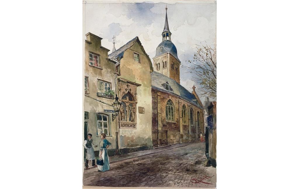 Aquarell von Carl Rüdell (1910): Die Spielmannsgasse mit Küsterhaus, Kreuzigungsgruppe und der Kirche Sankt Johann Baptist in Köln.
