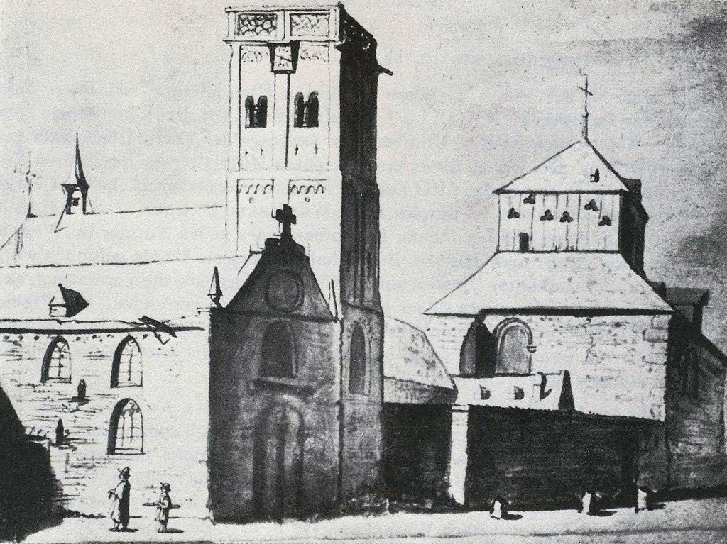 Zeichnung von 1664/1665: St. Jakob (links) und St. Georg (rechts) am Kölner Waidmarkt, Ansicht aus nördlicher Richtung.