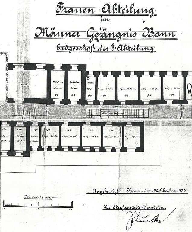 Historischer Grundrissplan der neugeschaffnen "Frauen-Abteilung im Männer-Gefängnis Bonn" (1930).