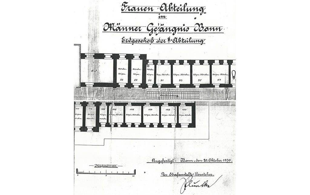 Historischer Grundrissplan der neugeschaffnen "Frauen-Abteilung im Männer-Gefängnis Bonn" (1930).