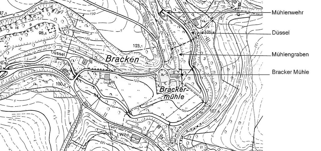 Ausschnitt der Deutschen Grundkarte DGK 68R 76H mit dem Bereich der Bracker Mühle