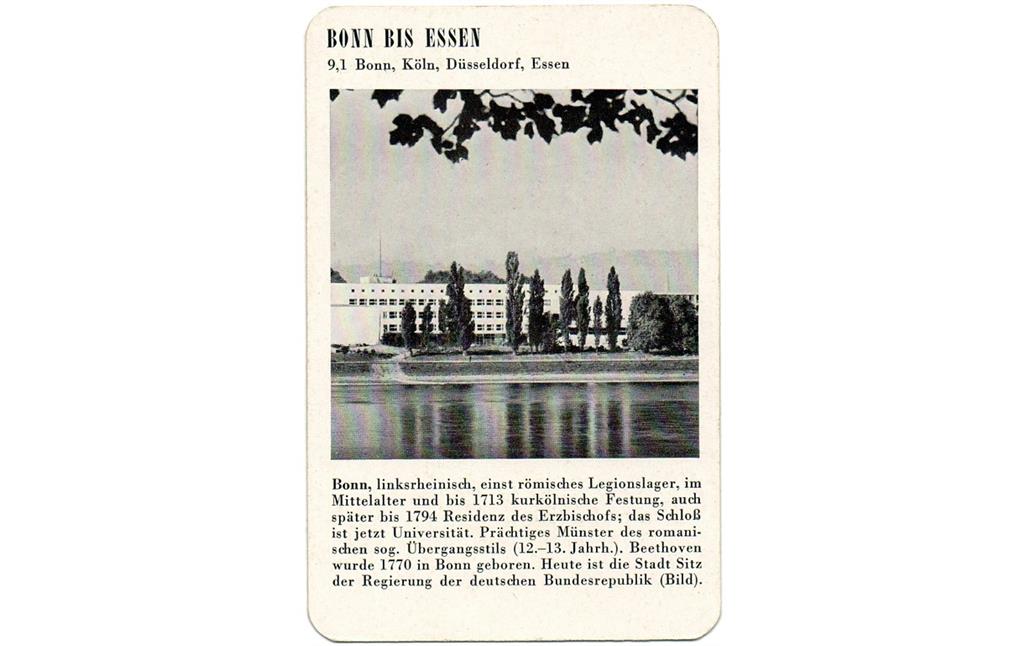 Spielkarte "Bonn" mit einem Blick auf das Regierungsviertel (aus dem Quartettspiel "Der Rhein", Ravensburger Spiele Nr. 305, Otto Maier Verlag 1952).