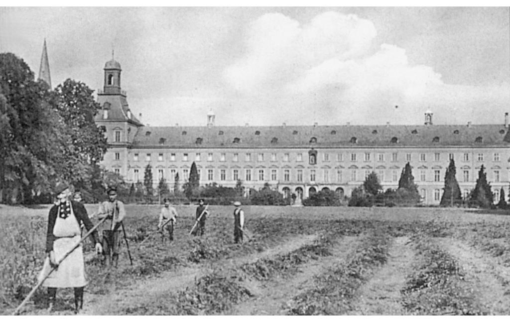 Russische Kriegsgefangene beim Mähen auf der Bonner Hofgartenwiese zur Zeit des Ersten Weltkrieges