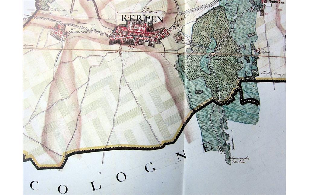 Die Gymnicher Mühle im Ausschnitt der "Karte der Herrschaft Kerpen 1777" (aufgenommen durch den Grafen Joseph Johann von Ferraris, hier aus dem Rheinischen Städteatlas)