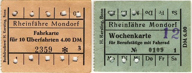 Zwei Fahrkarten für Überfahrten mit der Rheinfähre Mondorf (um 1970).
