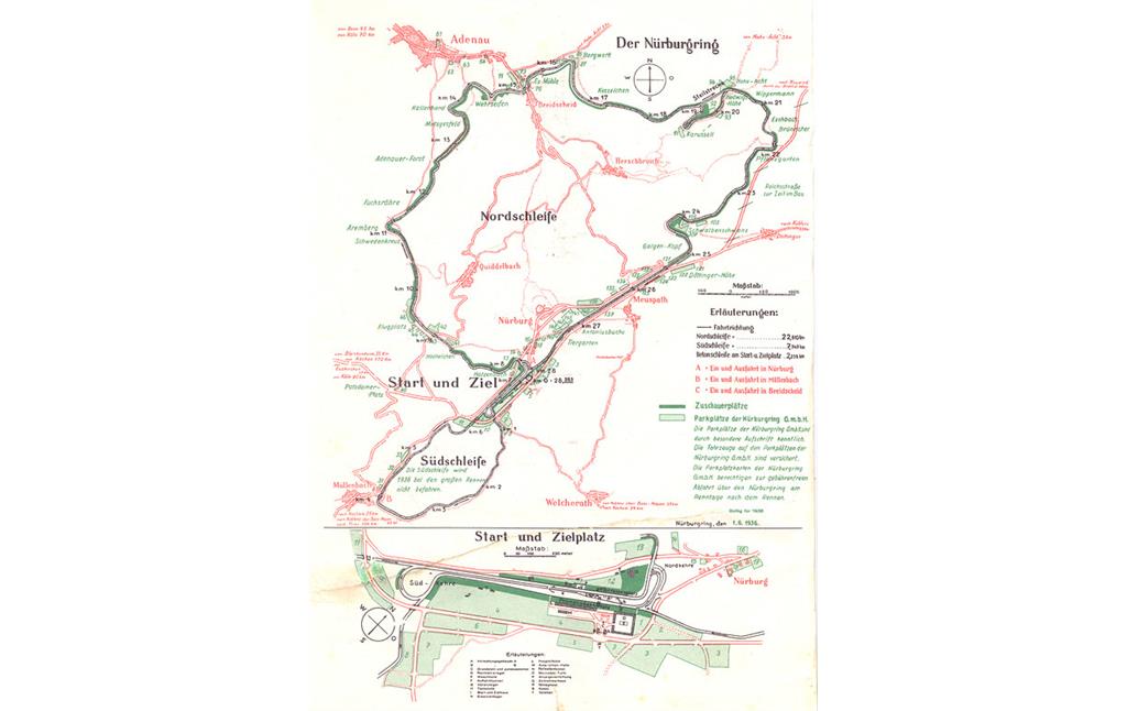 Historische Karte "Der Nürburgring" von 1936. Zu sehen sind die Nord- und Südschleife, darunter der Bereich der Start- und Zielgeraden.