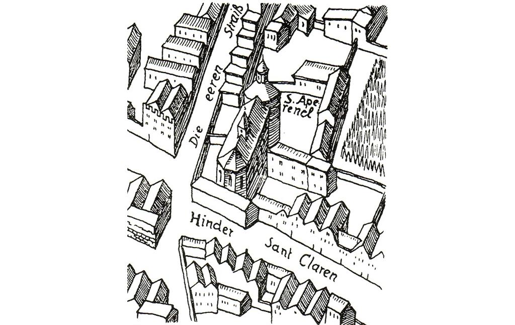 Das Kölner Zisterzienserinnenkloster Sankt Apern als "S. Aperencl[oster]" auf einer Stadtansicht nach Arnold Mercator von 1570/71.