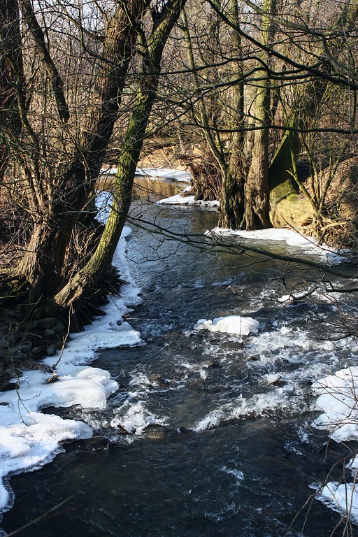 Winterliche Ansicht eines teilweise zugefrorenen Bachs im Schwarzbachtal bei Ratingen (2012).