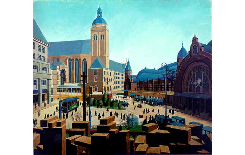 Gemälde von Carl Grossberg (1894-1940) aus dem Jahr 1927 mit dem ehemaligen Jesuitenkolleg Sankt Mariä Himmelfahrt links im Bild und dem Hauptbahnhof Köln rechts