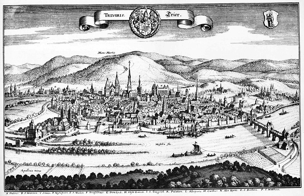 Ansicht von Trier ('Treviris') vor dem Petersberg ('Mons Martis') auf einem Stich von Matthäus Merian (1646).
