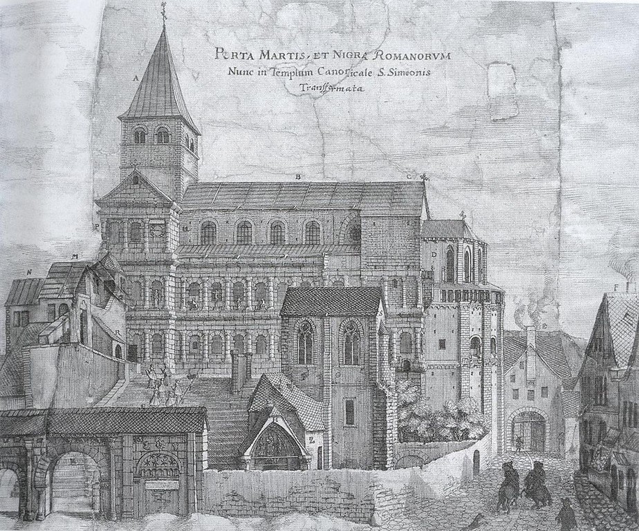 Die Doppelkirche des Chorherrenstifts St. Simeon in der Trierer Porta Nigra auf einem Stich von Caspar Merian (1627-1686) aus dem Jahr 1670.