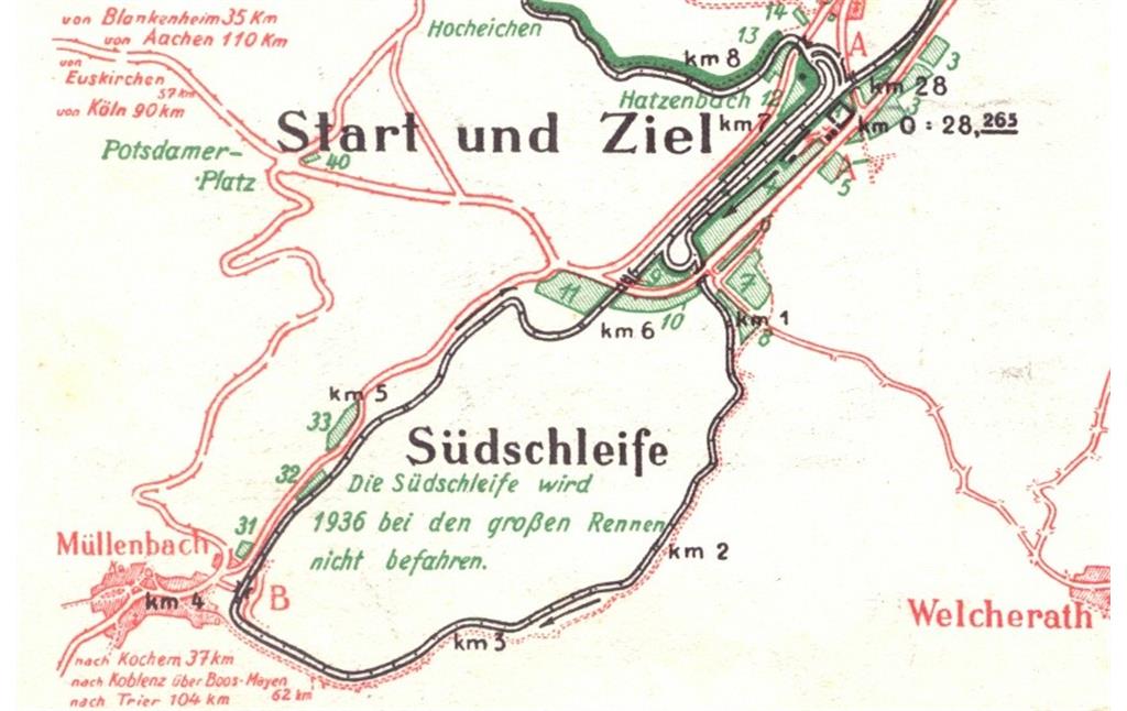 Ausschnitt der historischen Karte "Der Nürburgring" von 1936. Zu sehen ist die 7,747 Kilometer lange "Südschleife" südwestlich des Start- und Zielbereichs der Rennstrecke.