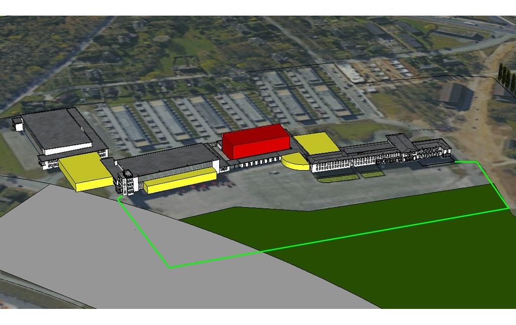 Darstellung von Anbauten am Flugplatz bzw. Flughafen Köln-Butzweilerhof als dreidimensionale Konstruktion (2016).