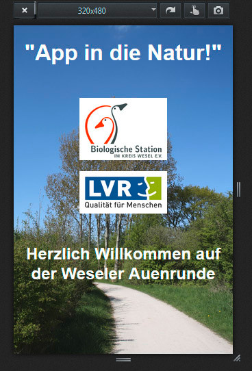 Bildschirm-Foto eines Mobilgerätes von der Anwendungssoftware "App in die Natur!". Es zeigt den Startbildschirm des Naturlehrpfades durch das Naturschutzgebiet Weseler Aue (2014).